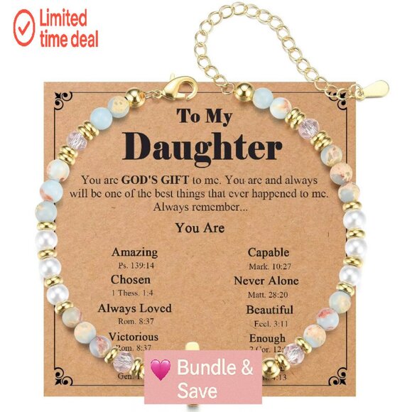 Christian Cross Bead Bracelet with Extender, 7" Length, Stone Material - Picture 1 of 7